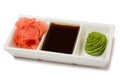 Pickled ginger with soy sauce and wasabi for sushi Royalty Free Stock Photo