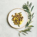 Pickled green Mediterranean olives in virgin olive oil, square crop Royalty Free Stock Photo