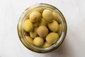 Pickled Green Olives in Glass Bottle Jar Royalty Free Stock Photo