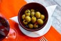 Pickled green olives without stone - typical Spanish tapas olivas verdes sin hueso