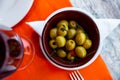 Pickled green olives without stone - typical Spanish tapas olivas verdes sin hueso Royalty Free Stock Photo