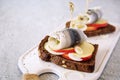 Pickled herring toast with onion and apple