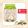 Pickled mushrooms in the glass jar with bay leaf and black pepper