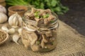 Pickled mushrooms in a glass jar. Mushrooms with herbs and spices. House food. Pickled vegetables. Vegetarian food. Side view, Royalty Free Stock Photo