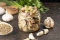 Pickled mushrooms in a glass jar. Mushrooms with herbs and spices. House food. Pickled vegetables. Vegetarian food. Side view, Royalty Free Stock Photo