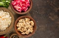 Pickled mushrooms, sauerkraut, cabbage salad with beets on the table.Fermented food. Homemade food. Pickled vegetables. Top view, Royalty Free Stock Photo