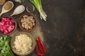 Pickled mushrooms, sauerkraut, coleslaw with beets on the table. Homemade food. Pickled vegetables. Vegetarian food. Top view, Royalty Free Stock Photo