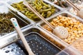 Pickled olives and lima beans for sale at Sineu market, Majorca Royalty Free Stock Photo