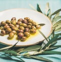 Pickled olives on plate and olive-tree branch over blue background Royalty Free Stock Photo