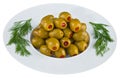 Pickled olives in white plate Royalty Free Stock Photo