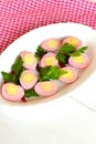 Pickled peeled hard-boiled quail eggs, stained pink by grated beet Royalty Free Stock Photo