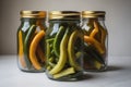Pickled peppers in glass jars on white marble table, shallow depth of field. generative ai