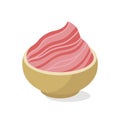 Pickled pink ginger vector icon. Traditional Asian appetizer in a wooden saucer. Tasty spicy seasoning for sushi, rolls