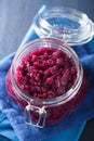 Pickled red cabbage in glass jar Royalty Free Stock Photo