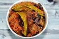 Pickled roast fried aubergine and green peppers stuffed with garlic, chili red pepper,vinegar, lemon, coriander, parsley, chopped Royalty Free Stock Photo