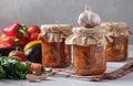 Pickled salad with eggplant, carrot, peppers, garlic and tomatoes in glass jars on gray background Royalty Free Stock Photo