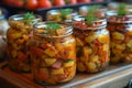 Pickled stewed paprika in a glass jar. Royalty Free Stock Photo