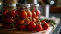 Pickled tomatoes. selective focus. Generative AI,