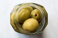 Pickled Unripe Green Almond Pickles in Glass Bottle Jar / Cagla Badem. Royalty Free Stock Photo