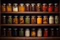 Pickled vegetables in glass jars on shelves