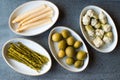 Pickled Vegetables Green and White Asparagus, Artichoke Heart and Unripe Green Almond Pickles in Plate. Royalty Free Stock Photo