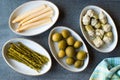 Pickled Vegetables Green and White Asparagus, Artichoke Heart and Unripe Green Almond Pickles in Plate. Royalty Free Stock Photo