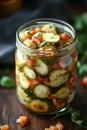 pickled vegetables including cucumbers and tomatoes in glass jar Royalty Free Stock Photo