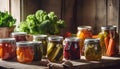 Pickled vegetables in jars.