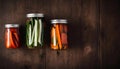 Pickled Vegetables in Jars on Wooden Background, Copy Space