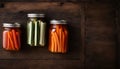 Pickled Vegetables in Jars on Wooden Background, Copy Space