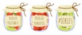 Pickled vegetables set in flat style. Canned cucumber, tomatoes, garlic with labels. Seasonal marinate food. Vector