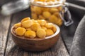 Pickled yellow Lupin Beans in bowl Royalty Free Stock Photo