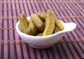 Pickles. Bowl of pickled gherkins cucumber with copy space. Cornichons. Royalty Free Stock Photo