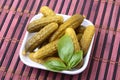 Pickles. Bowl of pickled gherkins cucumber with copy space. Cornichons. Royalty Free Stock Photo