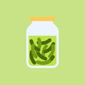 Pickles cucumbers in glass jar with brand label. Organic product. Canned food. Isolated flat vector design for product advertising Royalty Free Stock Photo