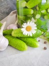 Pickles in a jar, garlic marinate preserves  on a concrete background appetizer Royalty Free Stock Photo