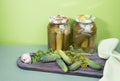 Pickles in jars. Fresh cucumbers on a wooden cutting Board with garlic and herbs. Horizontal orientation.