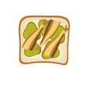 Pickles and Sprots Sandwich. Snack with small fish, bread, pickles. Overhead view of isolated Breakfast snacks on toast