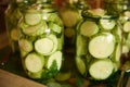 Pickling Canning Marinating. Preserving vegetables for the winter. Organic sliced courgettes, zucchini pickled in brine