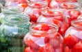 Pickling canning tomatoes and cucumbers Royalty Free Stock Photo