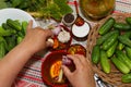 Pickling cucumbers, pickling - hands close-up, cucumber, herbs,