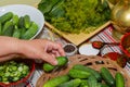 Pickling cucumbers, pickling - hands close-up, cucumber, herbs,