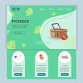 Picknick flat landing page website template. Bow saw, sleeping bag, caravan. Web banner with header, content and footer