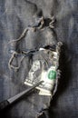 Pickpocketing: tTweezers pulls American Dollars out of ripped jeans. hief stealing some bucks from the rear pocket