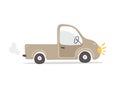 Pickup car icon, small truck, baby toy car, flat cartoon vector illustration isolated on a white background. City