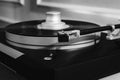 Pickup head for turntable close-up. Black and white photo Royalty Free Stock Photo
