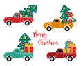 Pickup truck carrying Chrismas tree and gnome with presents, Merry Christmas vector illustration Royalty Free Stock Photo