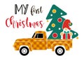 Pickup truck carrying Chrismas tree and gnome with presents, vector illustration Royalty Free Stock Photo