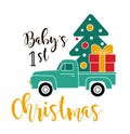 Pickup truck carrying Chrismas tree and presents, vector illustration Royalty Free Stock Photo