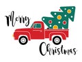 Pickup truck carrying Chrismas tree. Vector illustration Royalty Free Stock Photo